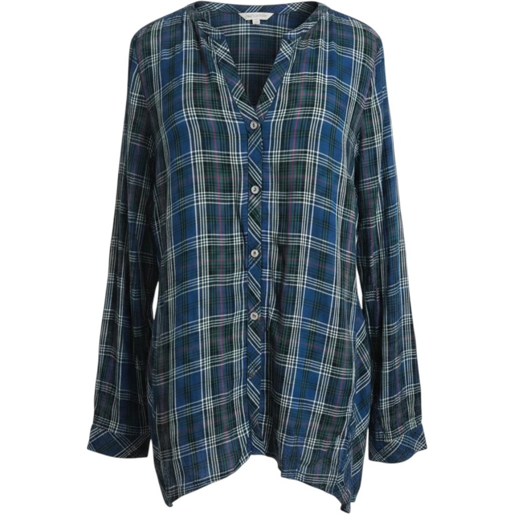 J. Jill Plaid Rayon Button Front Tunic Blouse Blue Green Sz M Tall Dark Academia